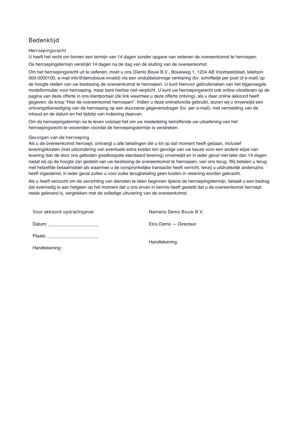 Pagina 3 van de voorbeeldofferte: de uitleg over de bedenktijd en de plek om te tekenen