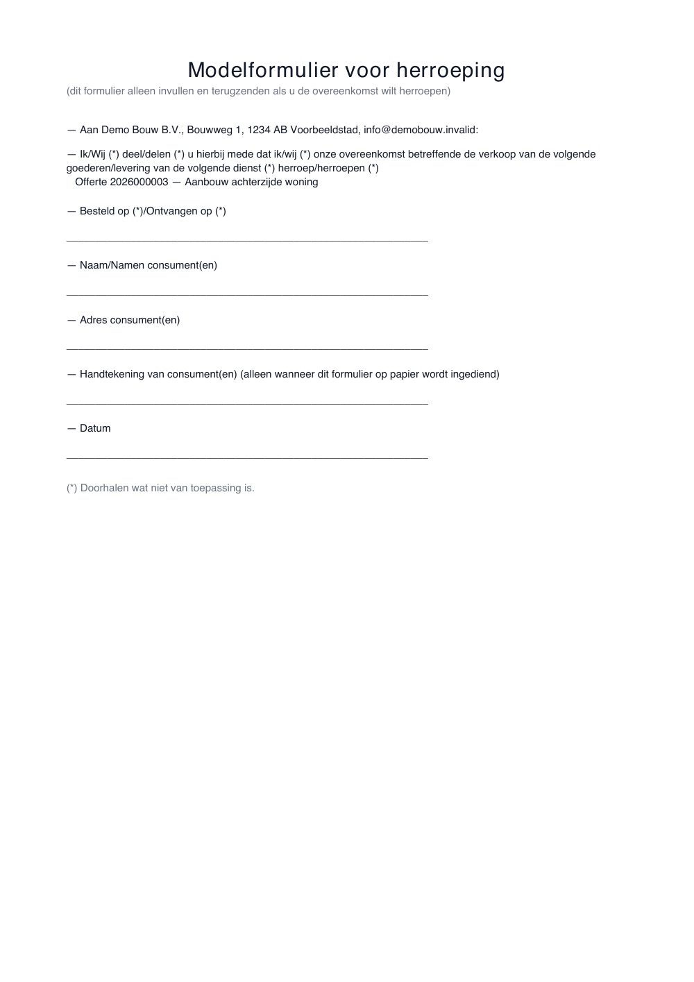 Pagina 4 van de voorbeeldofferte: het modelformulier voor herroeping